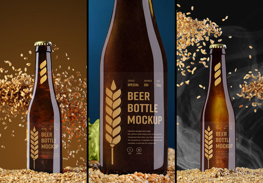 3 Beer Bottle Mockups with Hops, Grain, and Smoke Elements