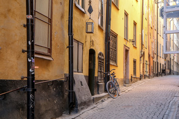 The picture from the narrow traditional streets of Stockholm. Walking inside the Gamla Stan. 