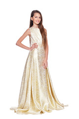 Happy little girl in carnival costume posing on white background