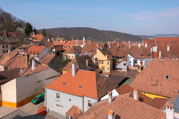 Fototapeta premium View from the Clock Tower in Sighisoara of of colorful houses in the citadel