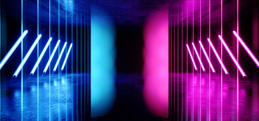 Psychedelic Abstract Futuristic Neon Fluorescent Sci Fi Vibrant Purple Blue Glow Laser Showcase Stage Dark Room Retro Modern Virtual Background Spaceship Corridor Tunnel Shapes 3D Rendering