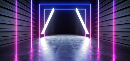 Sci Fi Neon Purple Blue Futuristic VIbrant Fluorescent Alien Spaceship Virtual Warehouse Hallway  Underground Concrete Grunge Entrance Laser Glow Studio Empty Dark Space 3D Rendering