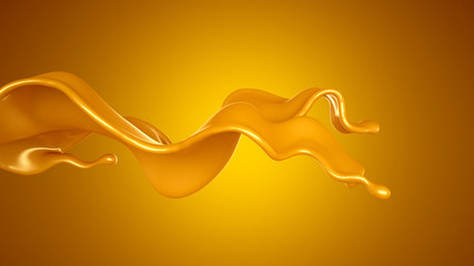 Splash of caramel on a yellow background. 3d illustration, 3d rendering.