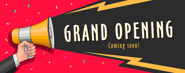 Grand opening banner with megaphone illusraion and typography