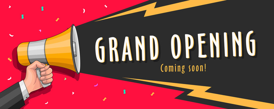 Grand opening banner with megaphone illusraion and typography