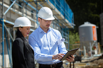 Two architects a man and a woman in construction in white helmets.