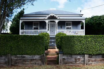 Facade of wooden aussie house. Real estate.