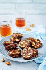 Dates and nuts roll. Indian sweets. Khajoor Katri