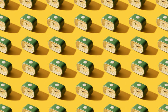 Rows of retro alarm clocks