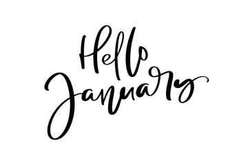 Hello Hand drawn lettering phrase January. Ink brush lettering for winter invitation card for calendar. Handwritten phrase for banner, flyer, greeting card