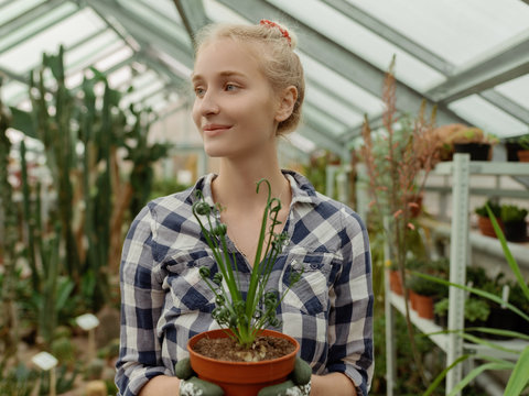 Pretty girl with plant in hands in hothouse