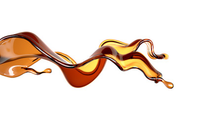 Splash of transparent brown liquid on a white background. 3d illustration, 3d rendering.