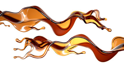 Splash of transparent brown liquid on a white background. 3d illustration, 3d rendering.