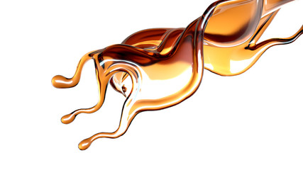 Splash of transparent brown liquid on a white background. 3d illustration, 3d rendering.