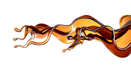 Splash of transparent brown liquid on a white background. 3d illustration, 3d rendering.