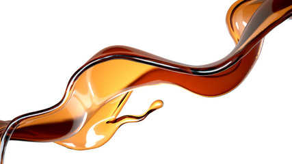 Splash of transparent brown liquid on a white background. 3d illustration, 3d rendering.