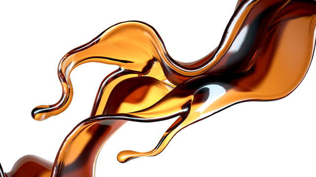 Splash Of Transparent Brown Liquid On A White Background. 3d Illustration, 3d Rendering.