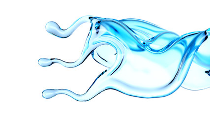 Splash of blue transparent liquid on a white background. 3d illustration, 3d rendering.