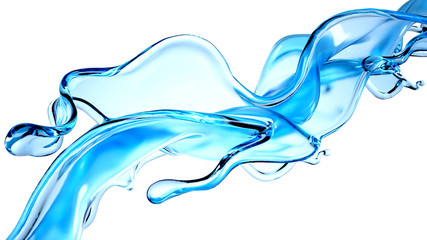 Splash of blue transparent liquid on a white background. 3d illustration, 3d rendering.