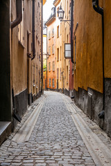Fototapeta premium The narrow cobbled streets of Stockholm in Spring