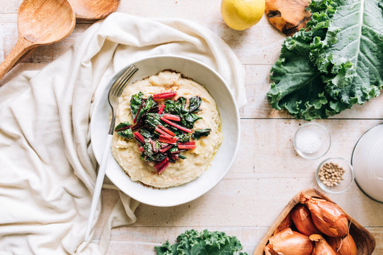 Mashed fava beans with swiss chard