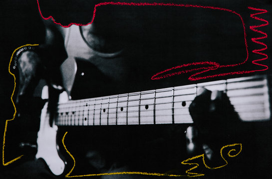 Low res mixed media print of a man playing electric guitar with chalk markings added