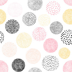 Abstract vector seamless pattern with hand drawn geometric shapes - circles with lines, dots and scribbles