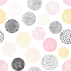 Tapeten Abstract vector seamless pattern with hand drawn geometric shapes - circles with lines, dots and scribbles © dollitude