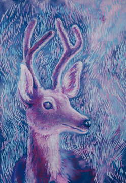 Fairy tale violet deer soft pastel hand drawing