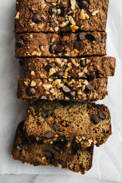 Overhead view of slices of zucchini bread