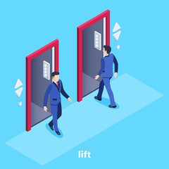Isometric vector image on a blue background, a man in a business suit enters the elevator and another goes, an elevator in the office