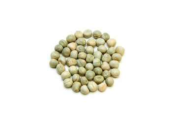 The small amount, a pile, of green peas isolated on a white background. 