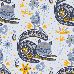 Cotton fabric Tribal cat seamless vector pattern.