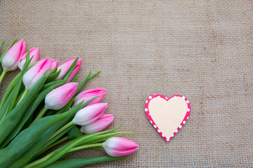 Love heart and pink tulips isolated on brown cloth background.