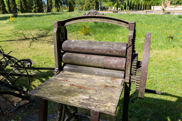 Old mangle for underwear. Exhibit in the open-air museum in Central Europe.