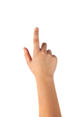 Woman hand showing the one finger on white background