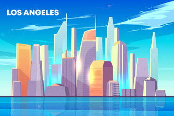 Los Angeles city skyline with illuminated by sun skyscrapers buildings on seashore, houses reflections in bay water cartoon vector background. Modern metropolis downtown architecture illustration