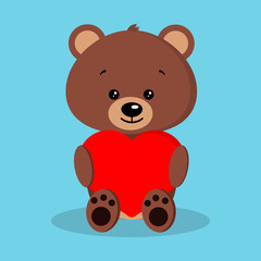 Isolated romantic cute and sweet baby brown bear in sitting pose with red heart in paws on blue background. Adorable funny character in cartoon flat style. Vector illustration.