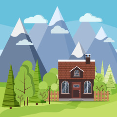 Spring or summer mountain landscape background scene with farm house with a tiled roof and chimney, fences, green trees, spruces, clouds, road in flat cartoon style. Summer vector illustration.