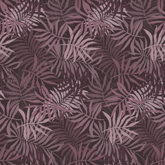 Pale brown seamless pattern with overlap mess of fern tropical leaves. Trendy dark red colors exotic plants texture for textile, wrapping paper, surface, wallpaper, background
