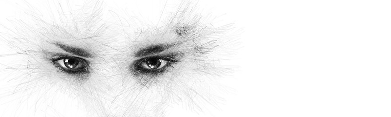 Pencil sketch face silhouette woman eyes looking at camera aside on white background copy space for your conceptual text advertisement. Image digitally altered digital effects © Alex Tihonov