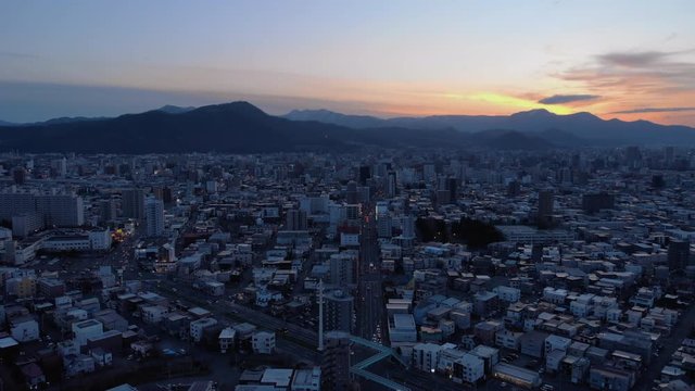 Aerial shot of Magical sunset over Sapporo - Hokkaidō, Japan
