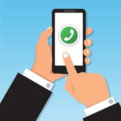 Phone icon on smartphone screen. Hand holding phone with answer icon. Finger touch screen. Vector flat cartoon illustration for advertisement, web sites, banners, infographics design.