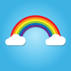 Color Rainbow With Clouds in blue sky. Realistic cartoon spectrum decoration. Summer symbol. Sticker, patch badge. Design for decoration children room interior, poster, card