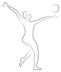 Silhouette of slender lady. The girl plays the ball. Female gymnast. Graphic image. Vector illustration