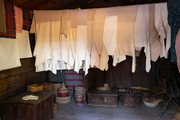 Authentic traditional linen peasant shirts from the 18th - 19th centuries, dishes, peasant...