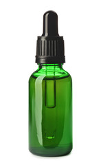 Cosmetic bottle and pipette with essential oil on white background