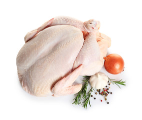 Raw turkey with ingredients on white background