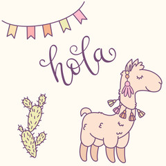 Llama, cactus and banner cartoon illustration. Hand lettering in Spanish "hola".