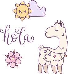 Llama, sun with cloud and flower cartoon illustration. Hand written lettering "hola".